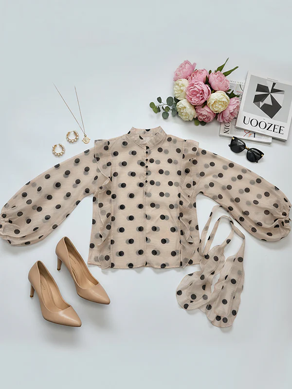 Long Sleeves Loose Buttoned Elasticity Polka-Dot Ruffle Trim See-Through V-Neck Blouses&Shirts Tops - Image 5