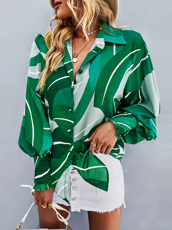 Long Sleeves Loose Buttoned Elasticity Printed Lapel Blouses&Shirts Tops - Image 3