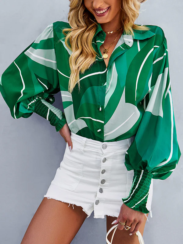 Long Sleeves Loose Buttoned Elasticity Printed Lapel Blouses&Shirts Tops - Image 4