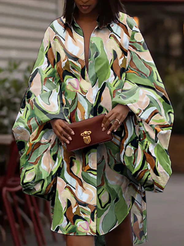 Long Sleeves Loose Buttoned Elasticity Printed Lapel Midi Dresses Shirt Dress - Image 2