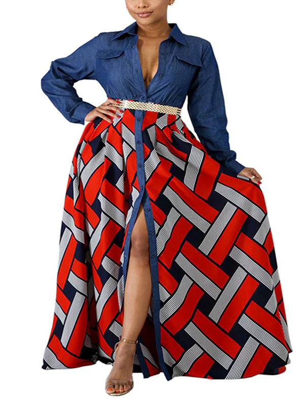 Long Sleeves Loose Buttoned Elasticity Printed Split-Joint Lapel Maxi Dresses - Image 3
