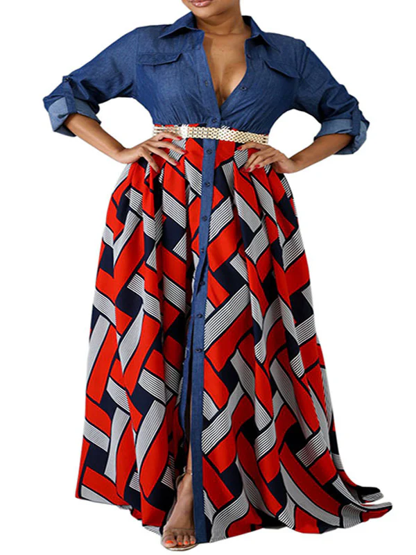 Long Sleeves Loose Buttoned Elasticity Printed Split-Joint Lapel Maxi Dresses - Image 4