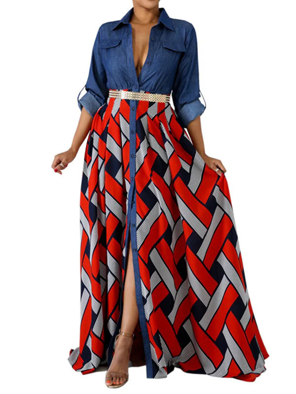 Long Sleeves Loose Buttoned Elasticity Printed Split-Joint Lapel Maxi Dresses - Image 5