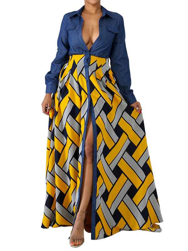 Long Sleeves Loose Buttoned Elasticity Printed Split-Joint Lapel Maxi Dresses - Image 6