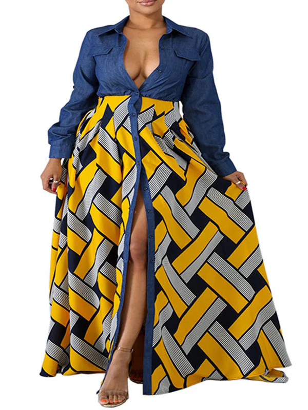 Long Sleeves Loose Buttoned Elasticity Printed Split-Joint Lapel Maxi Dresses - Image 7
