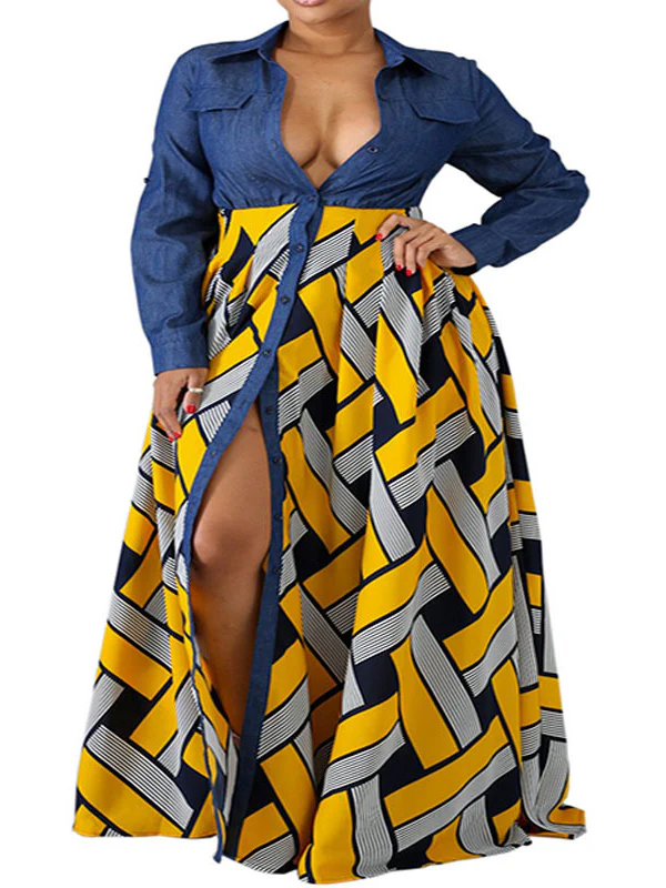 Long Sleeves Loose Buttoned Elasticity Printed Split-Joint Lapel Maxi Dresses - Image 8