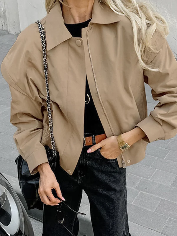 Long Sleeves Loose Buttoned Elasticity Solid Color Zipper Lapel Jackets Outerwear - Image 2
