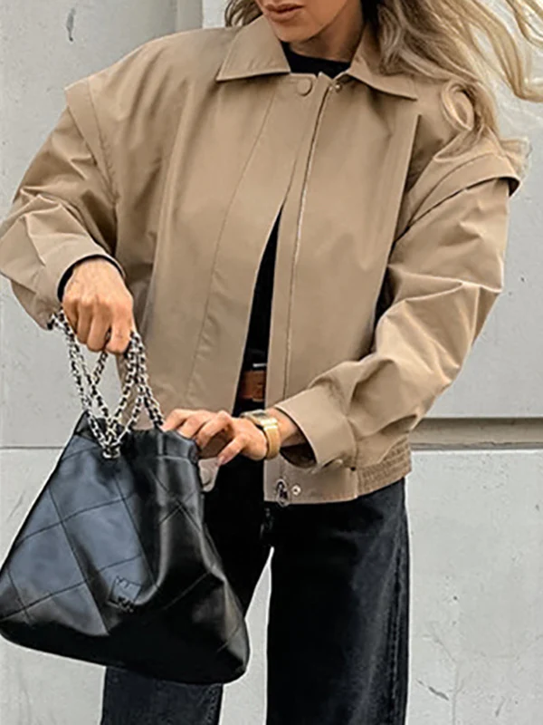 Long Sleeves Loose Buttoned Elasticity Solid Color Zipper Lapel Jackets Outerwear - Image 3