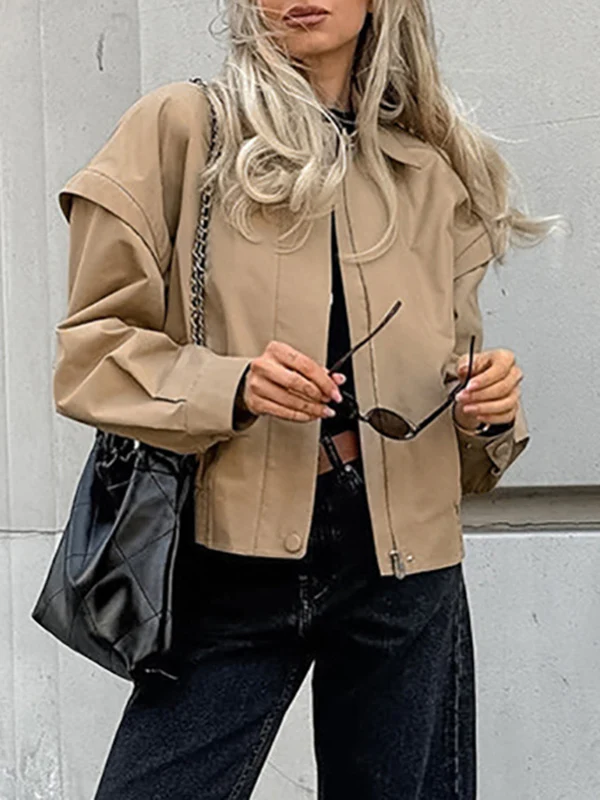 Long Sleeves Loose Buttoned Elasticity Solid Color Zipper Lapel Jackets Outerwear - Image 4