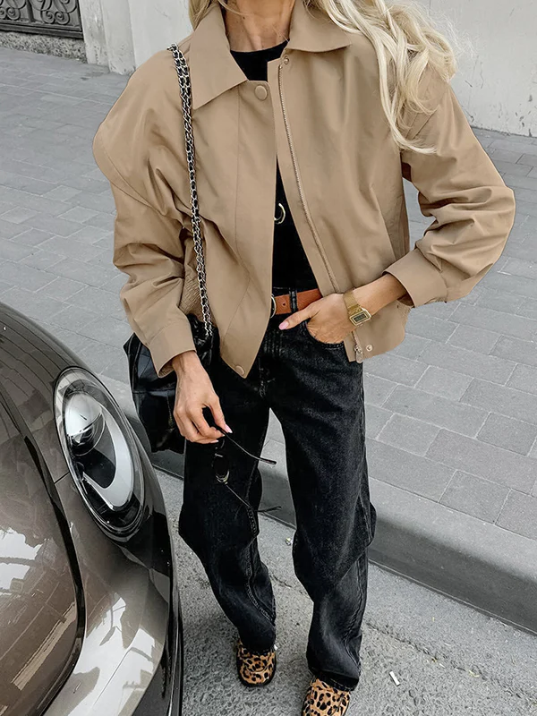 Long Sleeves Loose Buttoned Elasticity Solid Color Zipper Lapel Jackets Outerwear - Image 6