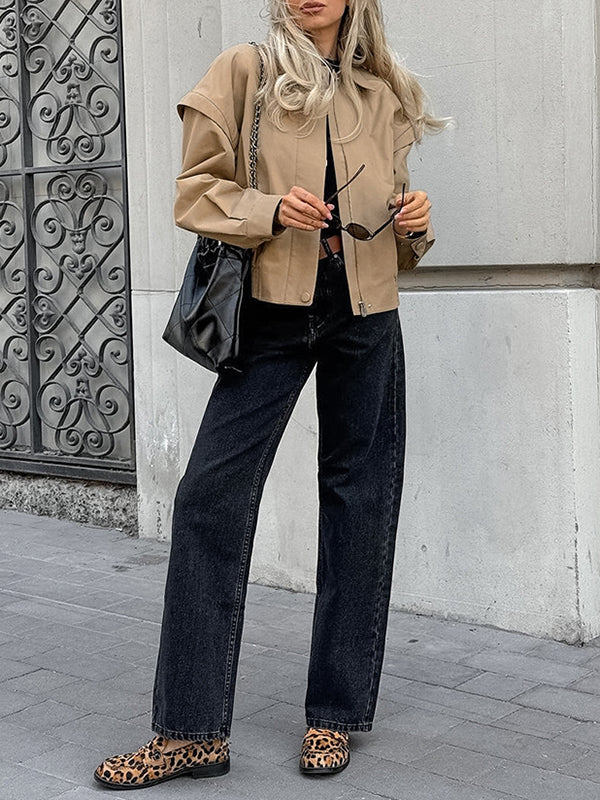 Long Sleeves Loose Buttoned Elasticity Solid Color Zipper Lapel Jackets Outerwear - Image 7