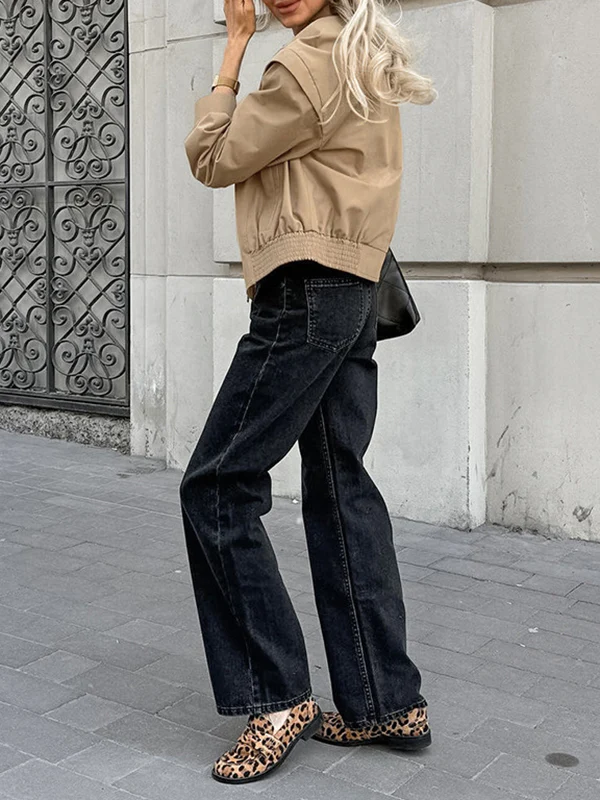 Long Sleeves Loose Buttoned Elasticity Solid Color Zipper Lapel Jackets Outerwear - Image 8