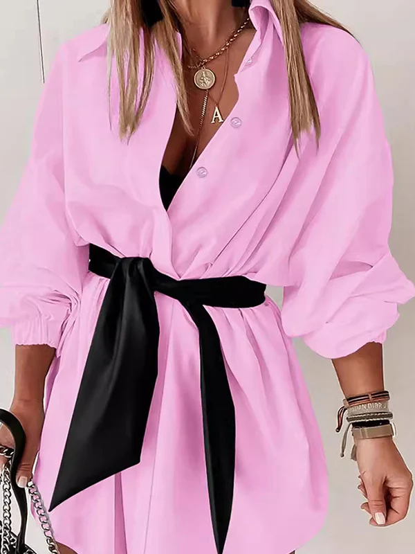 Long Sleeves Loose Buttoned Elasticity Tied Waist Lapel Mini Dresses Shirt Dress - Image 2