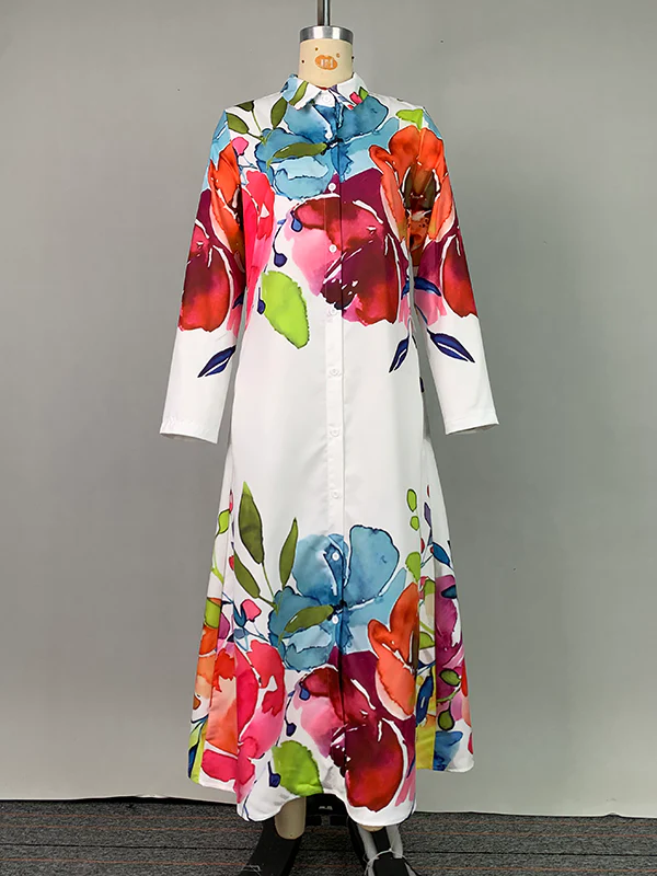 Long Sleeves Loose Buttoned Flower Print Lapel Maxi Dresses Shirt Dress - Image 10