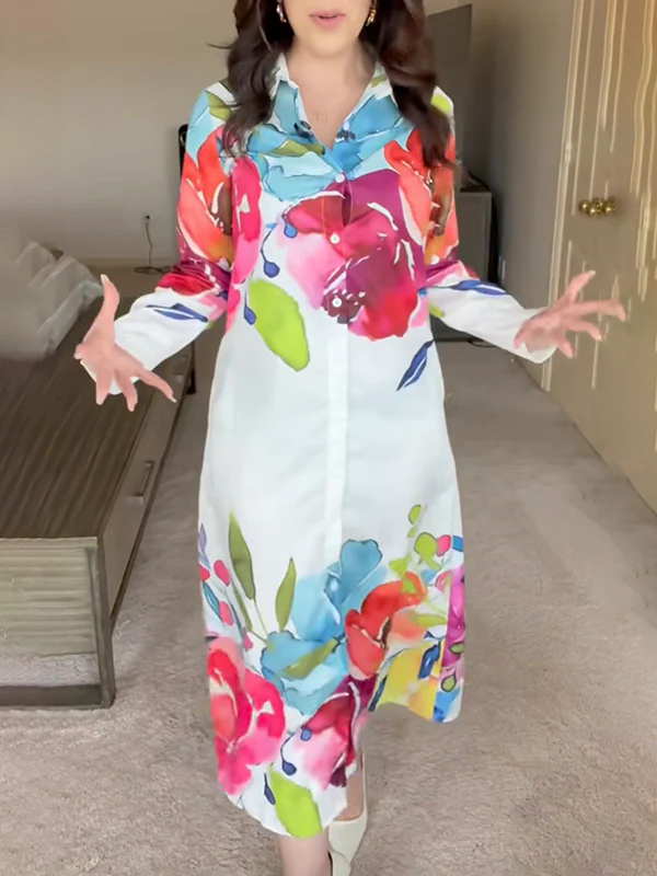 Long Sleeves Loose Buttoned Flower Print Lapel Maxi Dresses Shirt Dress - Image 11