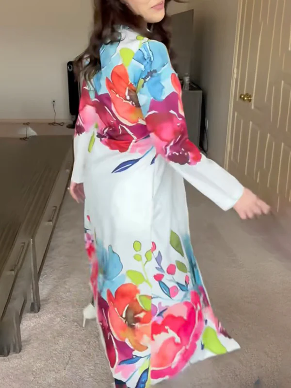 Long Sleeves Loose Buttoned Flower Print Lapel Maxi Dresses Shirt Dress - Image 12