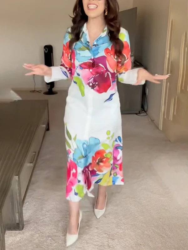 Long Sleeves Loose Buttoned Flower Print Lapel Maxi Dresses Shirt Dress - Image 13