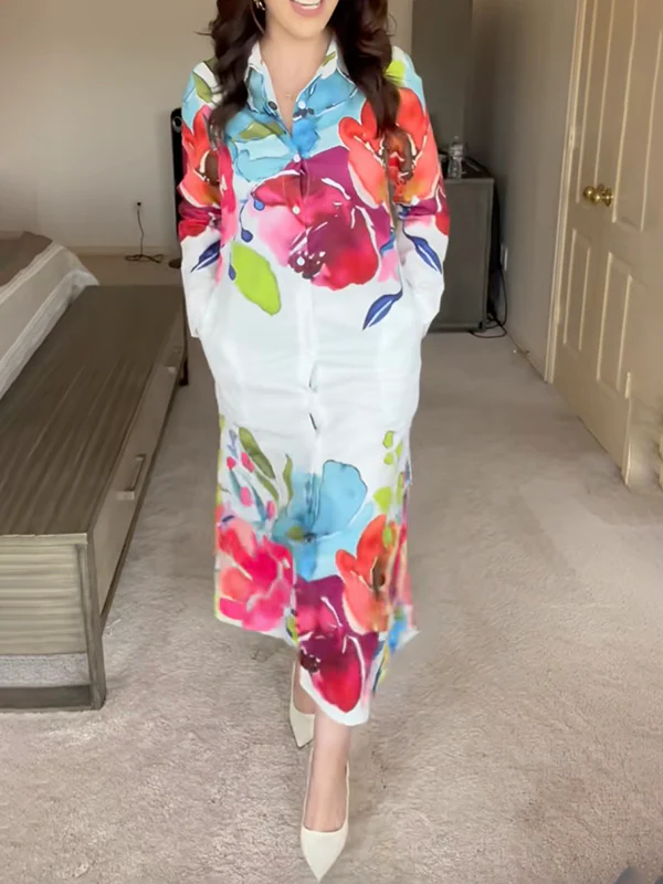 Long Sleeves Loose Buttoned Flower Print Lapel Maxi Dresses Shirt Dress - Image 14