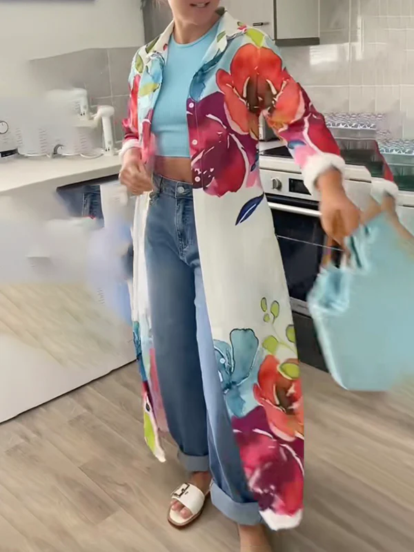 Long Sleeves Loose Buttoned Flower Print Lapel Maxi Dresses Shirt Dress - Image 15