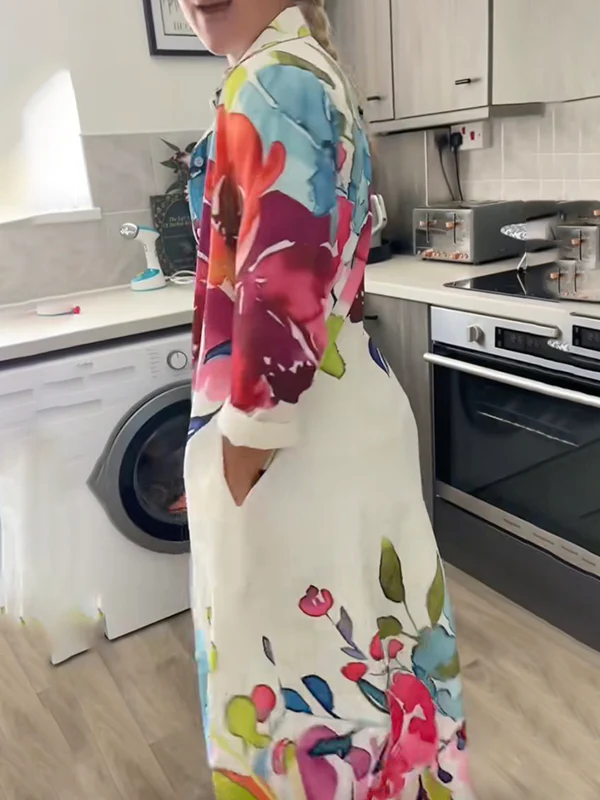 Long Sleeves Loose Buttoned Flower Print Lapel Maxi Dresses Shirt Dress - Image 16