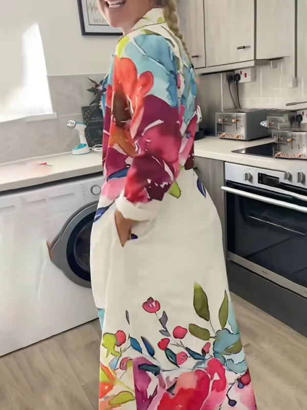 Long Sleeves Loose Buttoned Flower Print Lapel Maxi Dresses Shirt Dress - Image 17