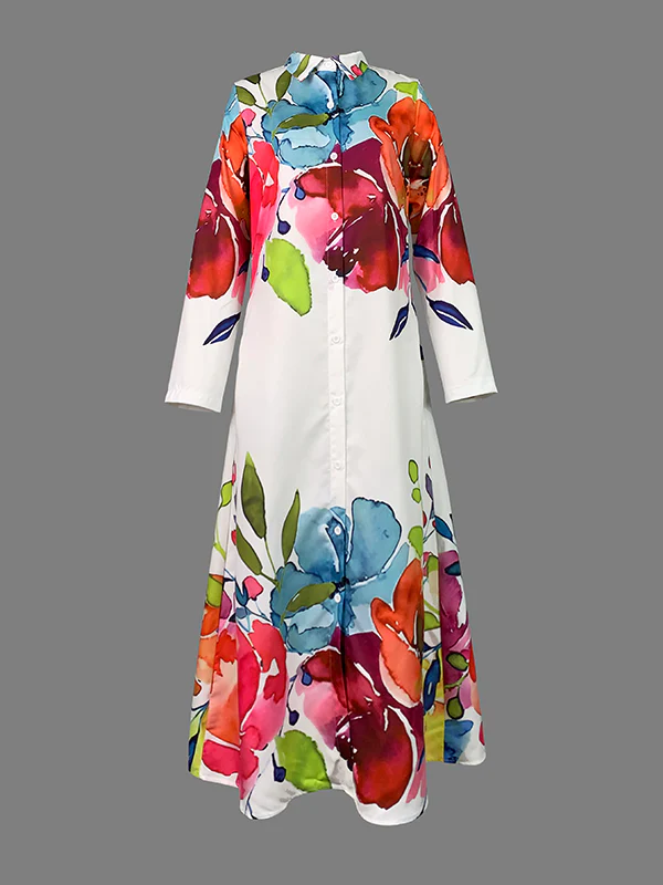 Long Sleeves Loose Buttoned Flower Print Lapel Maxi Dresses Shirt Dress - Image 2
