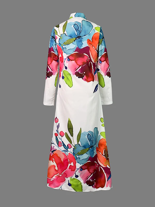 Long Sleeves Loose Buttoned Flower Print Lapel Maxi Dresses Shirt Dress - Image 3