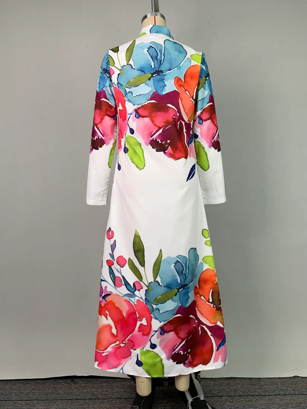 Long Sleeves Loose Buttoned Flower Print Lapel Maxi Dresses Shirt Dress - Image 8
