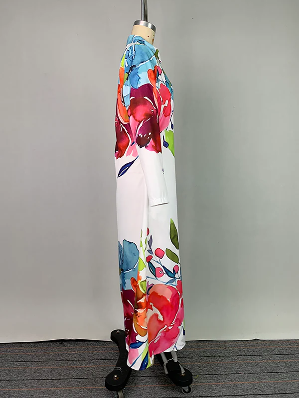Long Sleeves Loose Buttoned Flower Print Lapel Maxi Dresses Shirt Dress - Image 9
