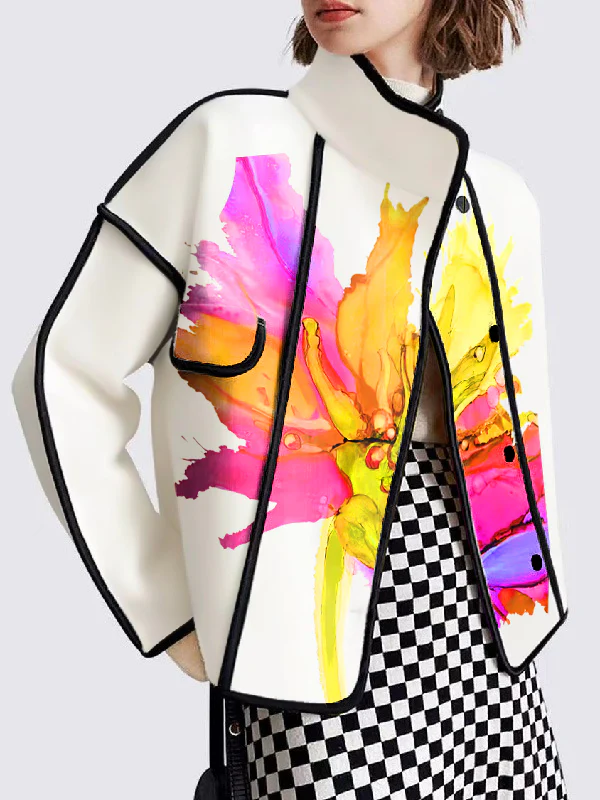 Long Sleeves Loose Buttoned Flower Print Pockets Split-Joint Stand Collar Outerwear