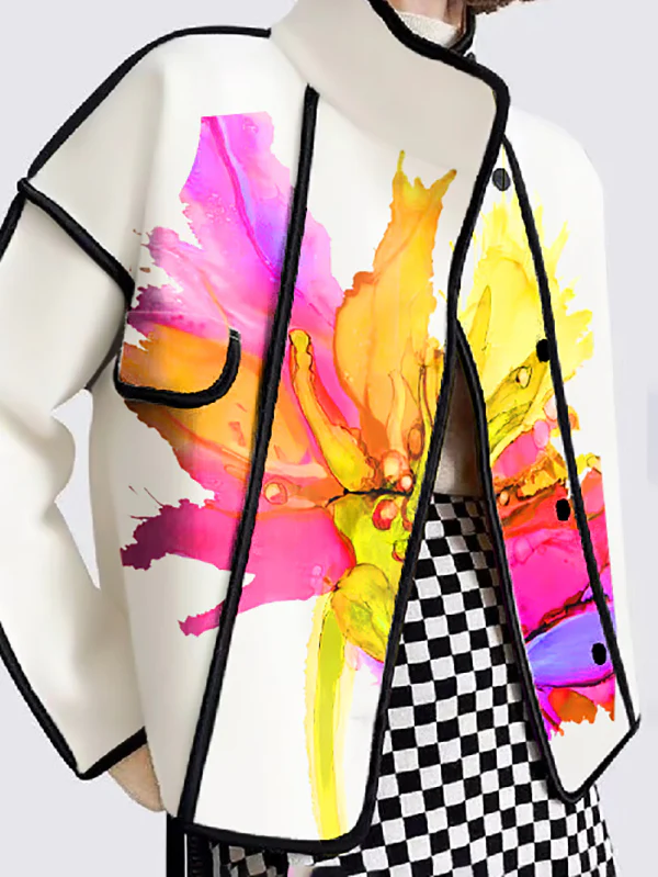 Long Sleeves Loose Buttoned Flower Print Pockets Split-Joint Stand Collar Outerwear - Image 2