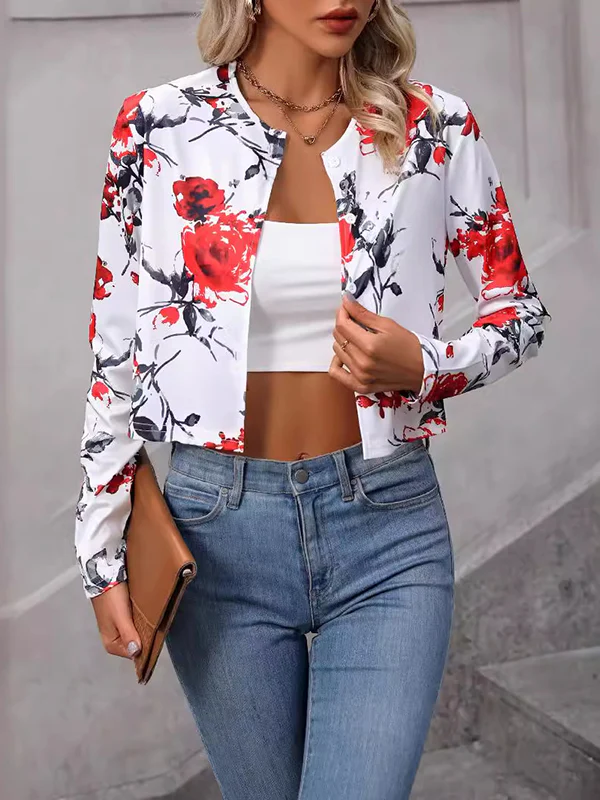 Long Sleeves Loose Buttoned Flower Print Split-Joint Round-Neck Blazer Outerwear - Image 2
