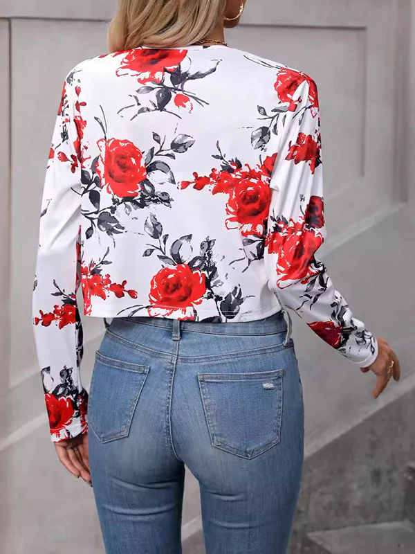 Long Sleeves Loose Buttoned Flower Print Split-Joint Round-Neck Blazer Outerwear - Image 5