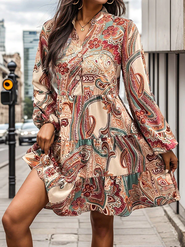 Long Sleeves Loose Buttoned Flower Print Split-Joint V-Neck Mini Dresses - Image 2
