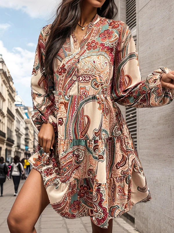 Long Sleeves Loose Buttoned Flower Print Split-Joint V-Neck Mini Dresses - Image 3