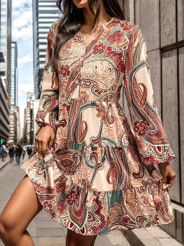Long Sleeves Loose Buttoned Flower Print Split-Joint V-Neck Mini Dresses - Image 4