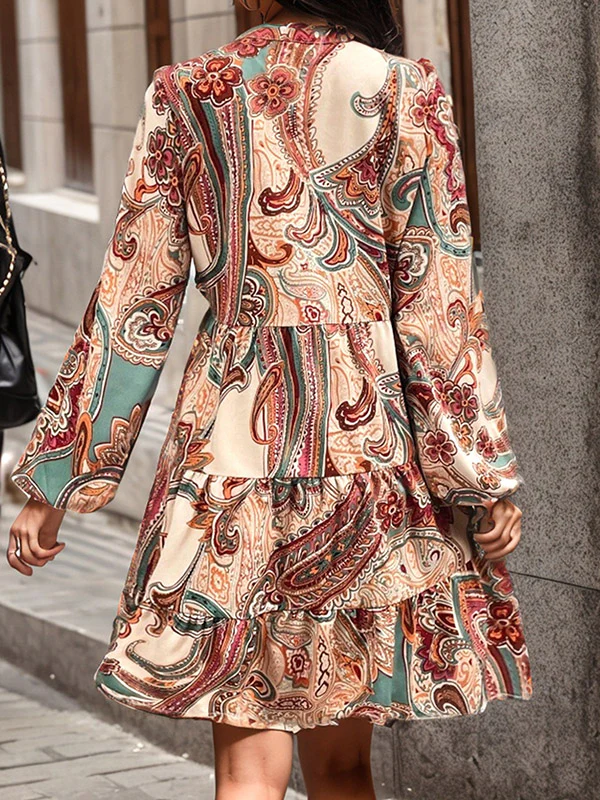 Long Sleeves Loose Buttoned Flower Print Split-Joint V-Neck Mini Dresses - Image 5