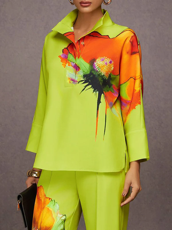 Long Sleeves Loose Buttoned Flower Print Stand Collar Blouses&Shirts Tops - Image 2