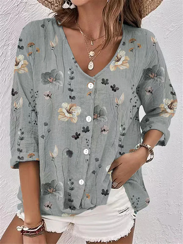 Long Sleeves Loose Buttoned Flower Print V-Neck Blouses&Shirts Tops - Image 2