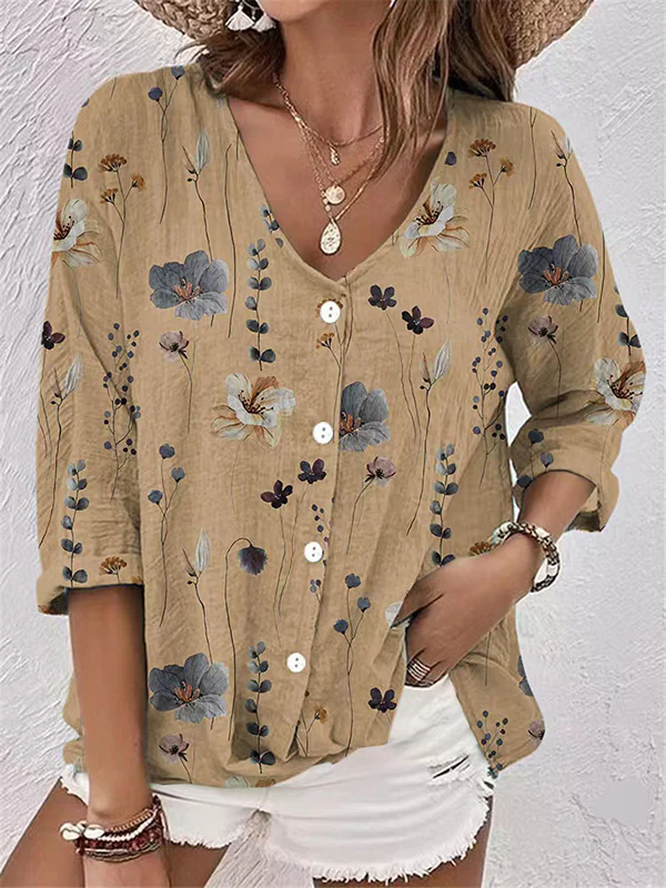 Long Sleeves Loose Buttoned Flower Print V-Neck Blouses&Shirts Tops - Image 3