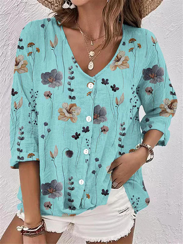 Long Sleeves Loose Buttoned Flower Print V-Neck Blouses&Shirts Tops - Image 4