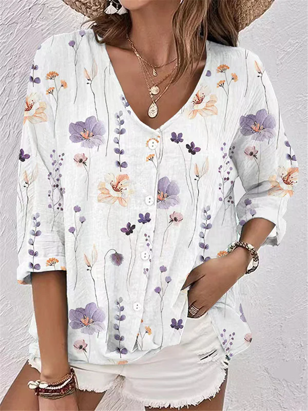 Long Sleeves Loose Buttoned Flower Print V-Neck Blouses&Shirts Tops - Image 5