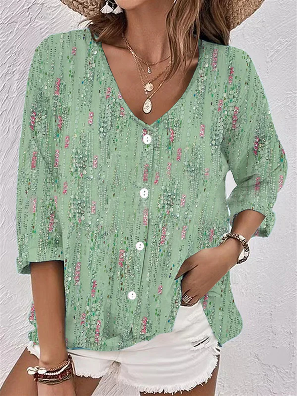 Long Sleeves Loose Buttoned Flower Print V-Neck Blouses&Shirts Tops - Image 6