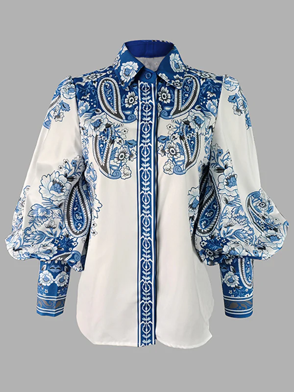 Long Sleeves Loose Buttoned Flower Print V-Neck Blouses&Shirts Tops - Image 4