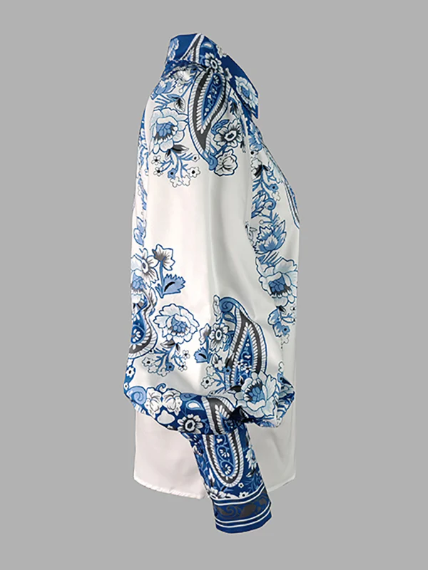Long Sleeves Loose Buttoned Flower Print V-Neck Blouses&Shirts Tops - Image 5