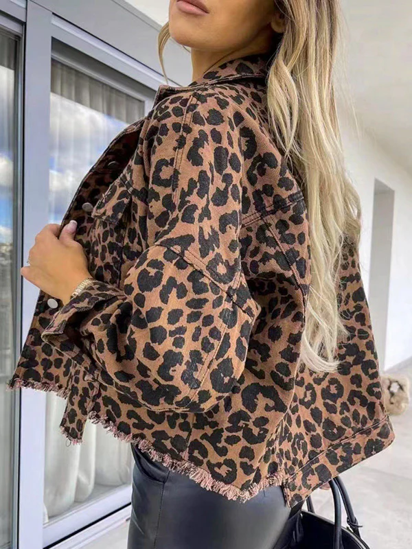 Long Sleeves Loose Buttoned Fringed Leopard Pockets Lapel Outerwear - Image 2