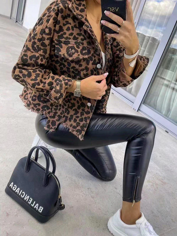 Long Sleeves Loose Buttoned Fringed Leopard Pockets Lapel Outerwear - Image 3
