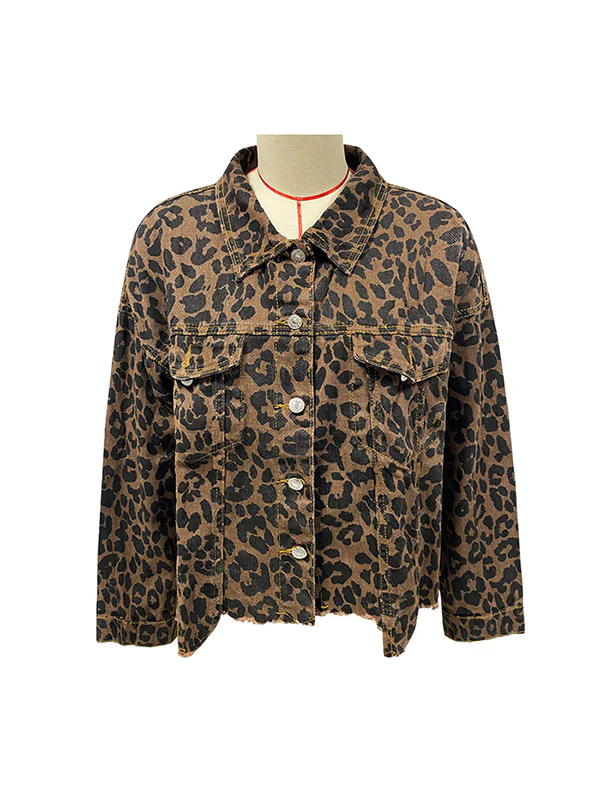 Long Sleeves Loose Buttoned Fringed Leopard Pockets Lapel Outerwear - Image 4