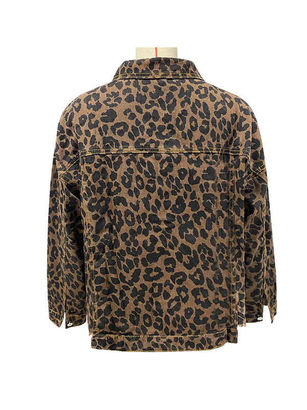 Long Sleeves Loose Buttoned Fringed Leopard Pockets Lapel Outerwear - Image 5