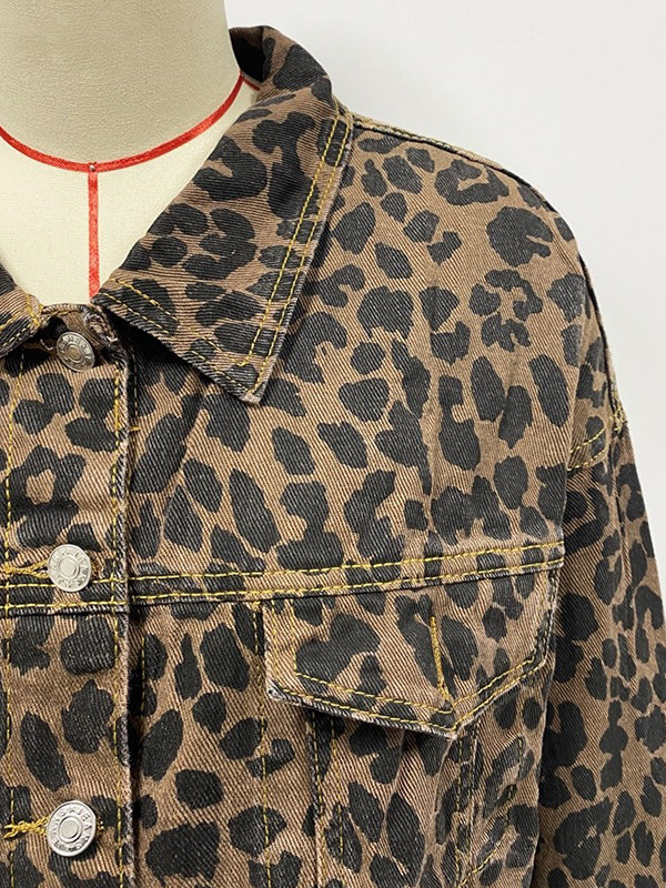 Long Sleeves Loose Buttoned Fringed Leopard Pockets Lapel Outerwear - Image 6
